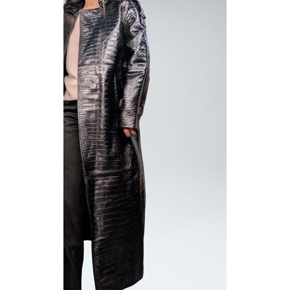 Black Genuine Leather Crocodile-Embossed Trench Coat – Size M - Picture 5 of 8